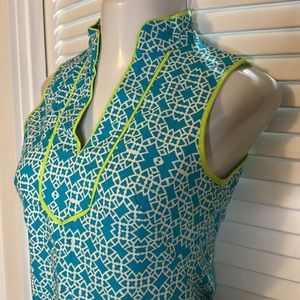 Eliza J Aqua turquoise lime geo print mandarin collar fitted sleeveless dress